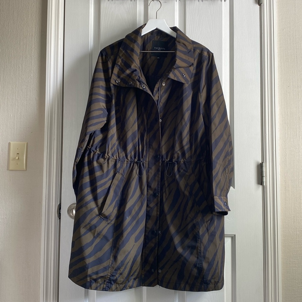 Talbots Water Resistant Anorak Zebra Raincoat Zip Closure Cinched Waist Plus 2X